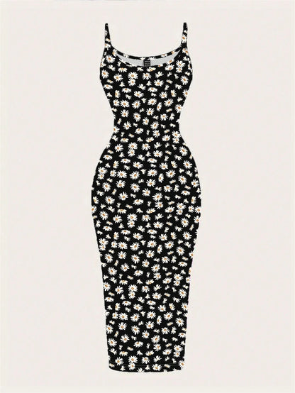 EZwear Casual Minimalist Full-Print Fitted Spaghetti Strap Maxi Dress For Summer, Daisy Print, Ditsy Floral