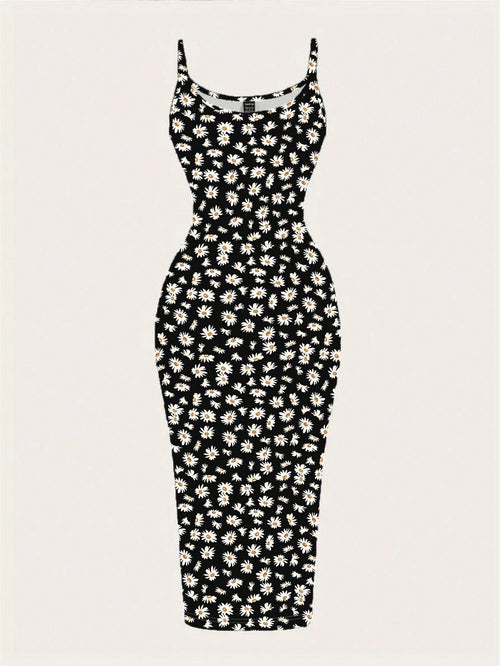 EZwear Casual Minimalist Full-Print Fitted Spaghetti Strap Maxi Dress For Summer, Daisy Print, Ditsy Floral