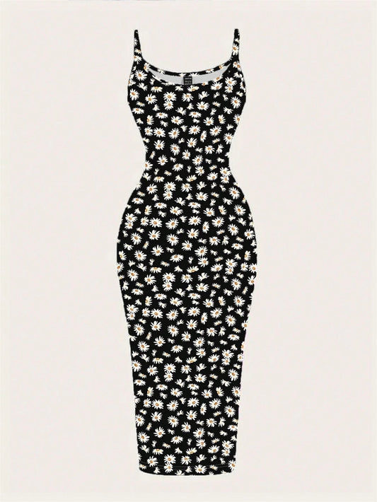 EZwear Casual Minimalist Full-Print Fitted Spaghetti Strap Maxi Dress For Summer, Daisy Print, Ditsy Floral