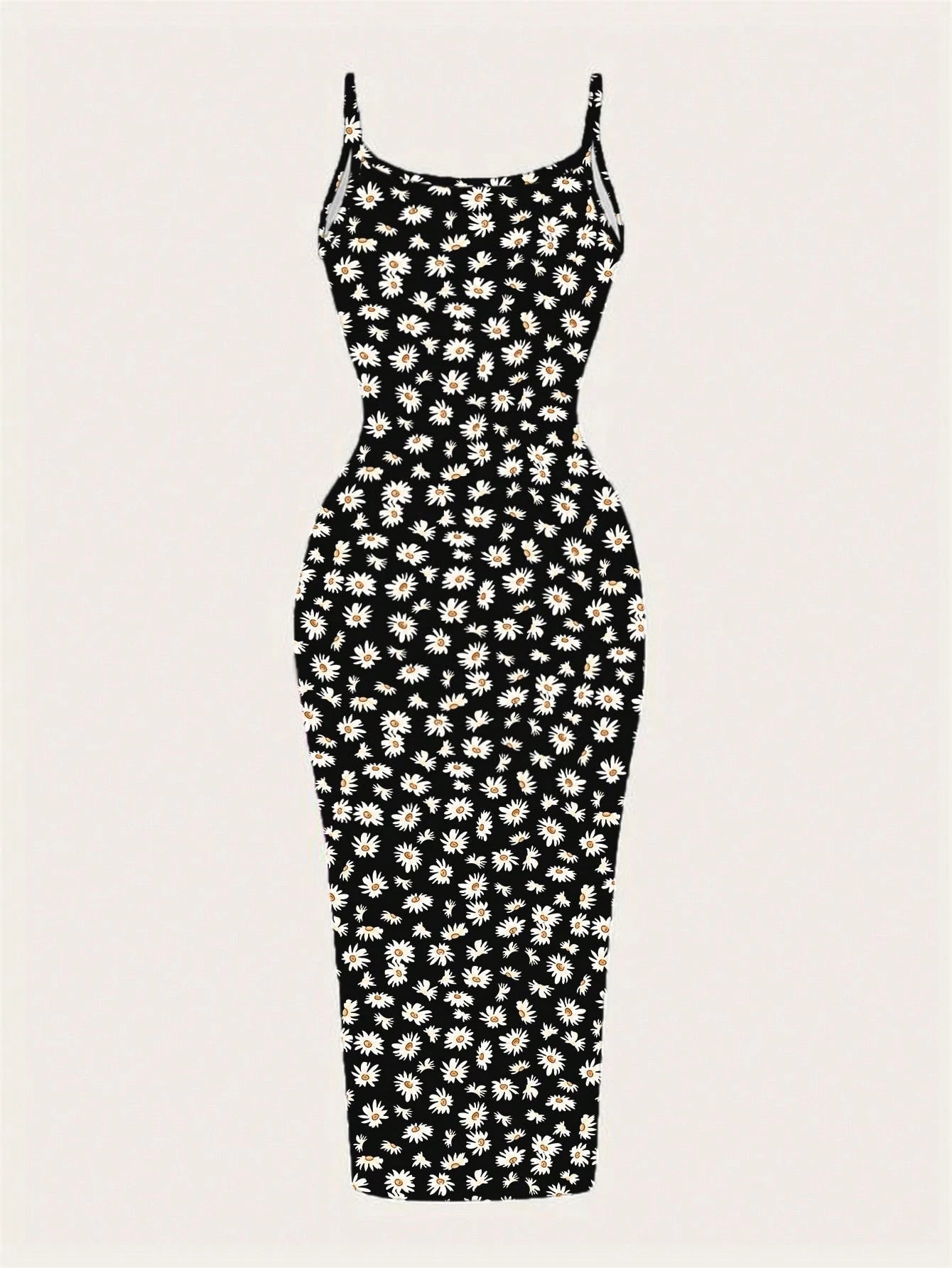 EZwear Casual Minimalist Full-Print Fitted Spaghetti Strap Maxi Dress For Summer, Daisy Print, Ditsy Floral