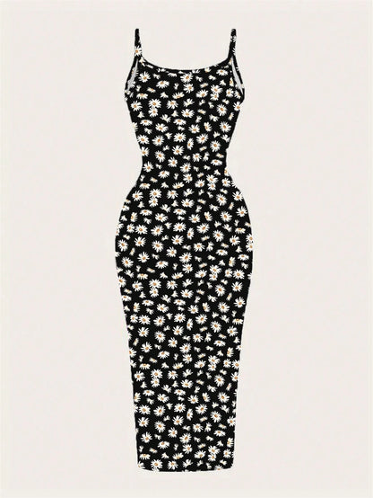 EZwear Casual Minimalist Full-Print Fitted Spaghetti Strap Maxi Dress For Summer, Daisy Print, Ditsy Floral