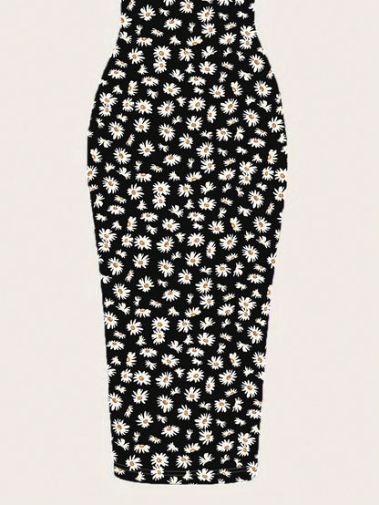 EZwear Casual Minimalist Full-Print Fitted Spaghetti Strap Maxi Dress For Summer, Daisy Print, Ditsy Floral