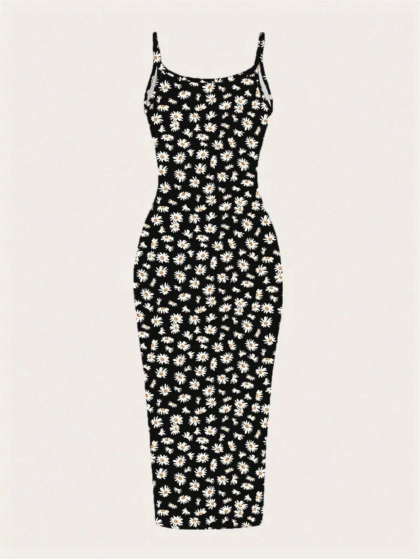 EZwear Casual Minimalist Full-Print Fitted Spaghetti Strap Maxi Dress For Summer, Daisy Print, Ditsy Floral