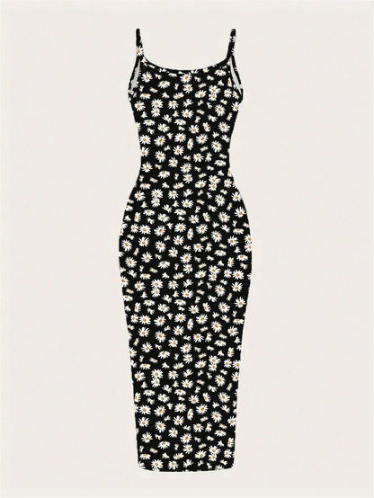 EZwear Casual Minimalist Full-Print Fitted Spaghetti Strap Maxi Dress For Summer, Daisy Print, Ditsy Floral