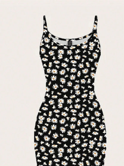 EZwear Casual Minimalist Full-Print Fitted Spaghetti Strap Maxi Dress For Summer, Daisy Print, Ditsy Floral