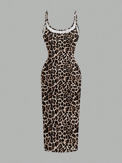 EZwear Casual Minimalist Full-Print Fitted Spaghetti Strap Maxi Dress For Summer, Daisy Print, Ditsy Floral