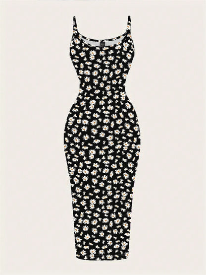 EZwear Casual Minimalist Full-Print Fitted Spaghetti Strap Maxi Dress For Summer, Daisy Print, Ditsy Floral