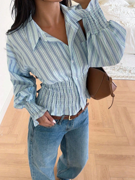 EZwear Casual Striped Gathered Waist Shirt, Suitable For Commuting In Autumn