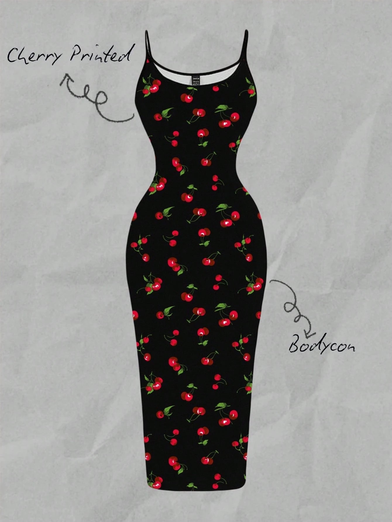 EZwear Cherry Print Casual Minimalist Full Length Bodycon Slip Dress, Suitable For Summer Suitable For Going Out Chic Dress