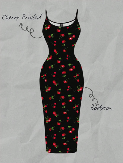 EZwear Cherry Print Casual Minimalist Full Length Bodycon Slip Dress, Suitable For Summer Suitable For Going Out Chic Dress