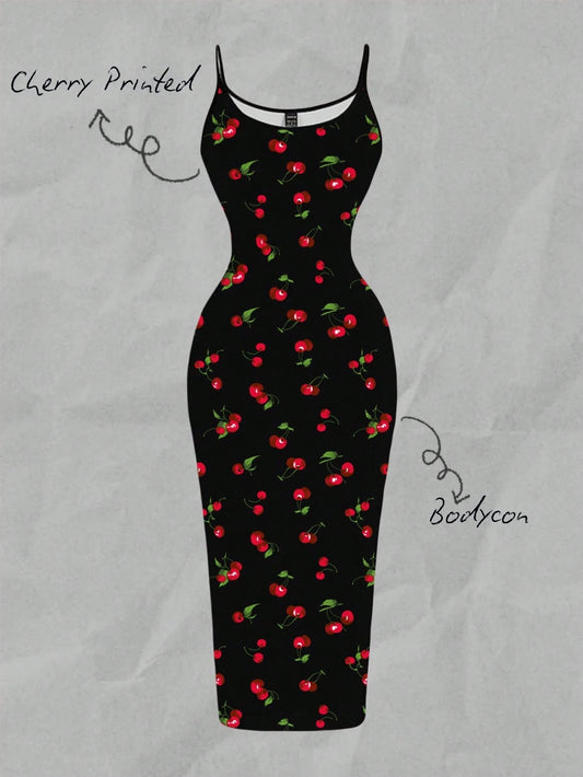 EZwear Cherry Print Casual Minimalist Full Length Bodycon Slip Dress, Suitable For Summer Suitable For Going Out Chic Dress