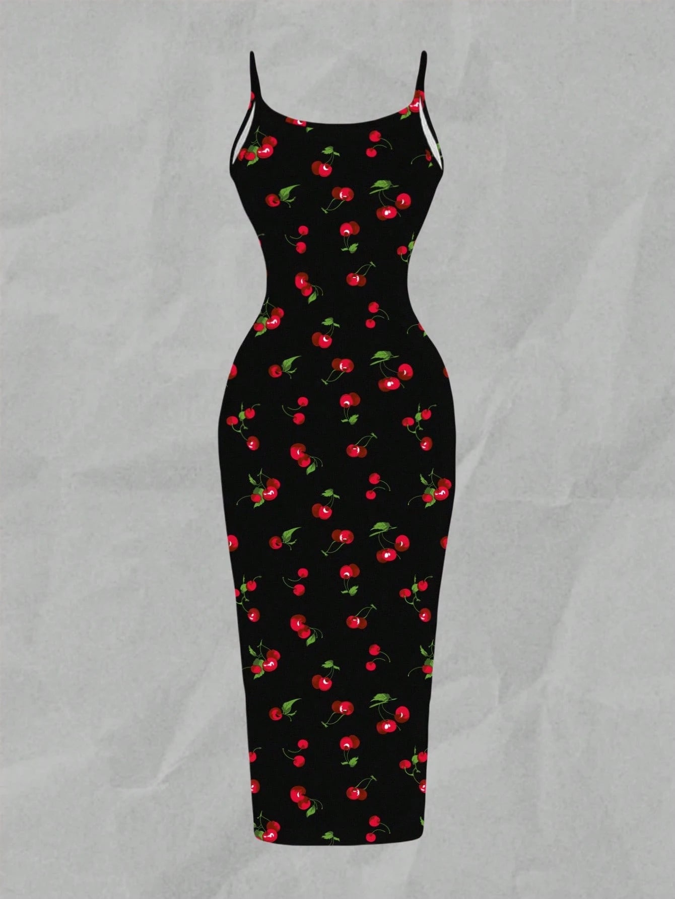 EZwear Cherry Print Casual Minimalist Full Length Bodycon Slip Dress, Suitable For Summer Suitable For Going Out Chic Dress