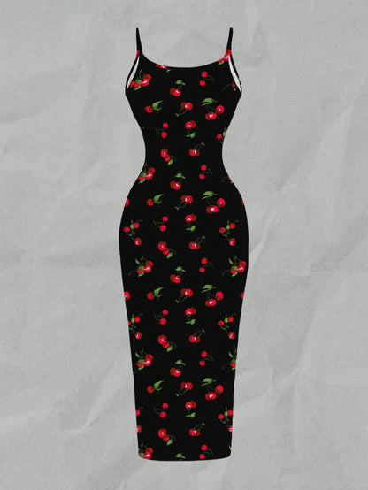 EZwear Cherry Print Casual Minimalist Full Length Bodycon Slip Dress, Suitable For Summer Suitable For Going Out Chic Dress