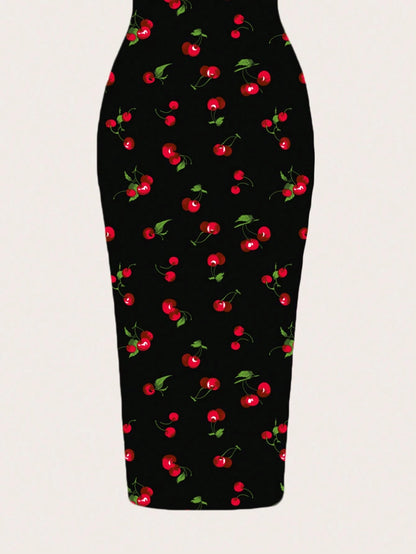 EZwear Cherry Print Casual Minimalist Full Length Bodycon Slip Dress, Suitable For Summer Suitable For Going Out Chic Dress