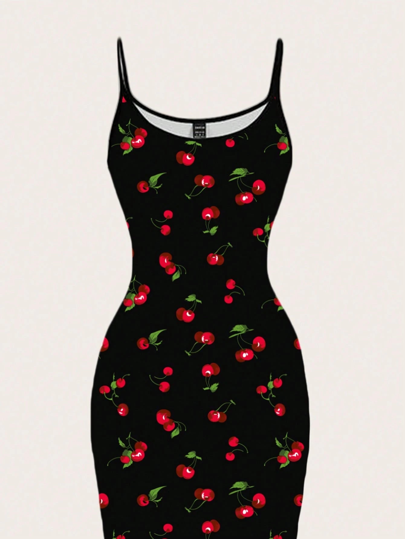 EZwear Cherry Print Casual Minimalist Full Length Bodycon Slip Dress, Suitable For Summer Suitable For Going Out Chic Dress