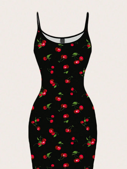EZwear Cherry Print Casual Minimalist Full Length Bodycon Slip Dress, Suitable For Summer Suitable For Going Out Chic Dress