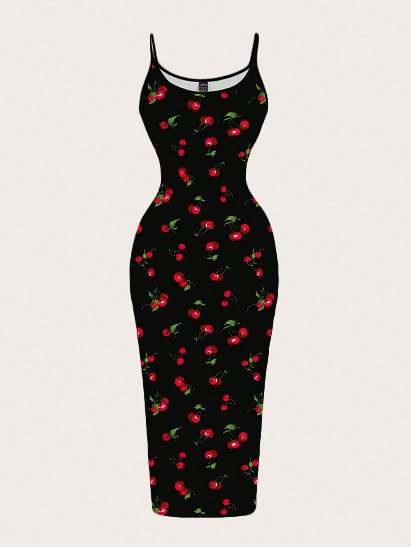 EZwear Cherry Print Casual Minimalist Full Length Bodycon Slip Dress, Suitable For Summer Suitable For Going Out Chic Dress