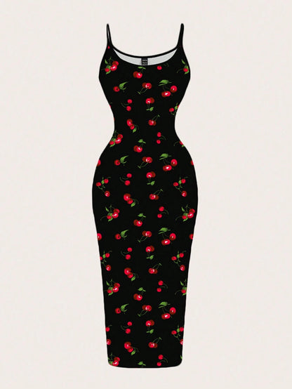EZwear Cherry Print Casual Minimalist Full Length Bodycon Slip Dress, Suitable For Summer Suitable For Going Out Chic Dress