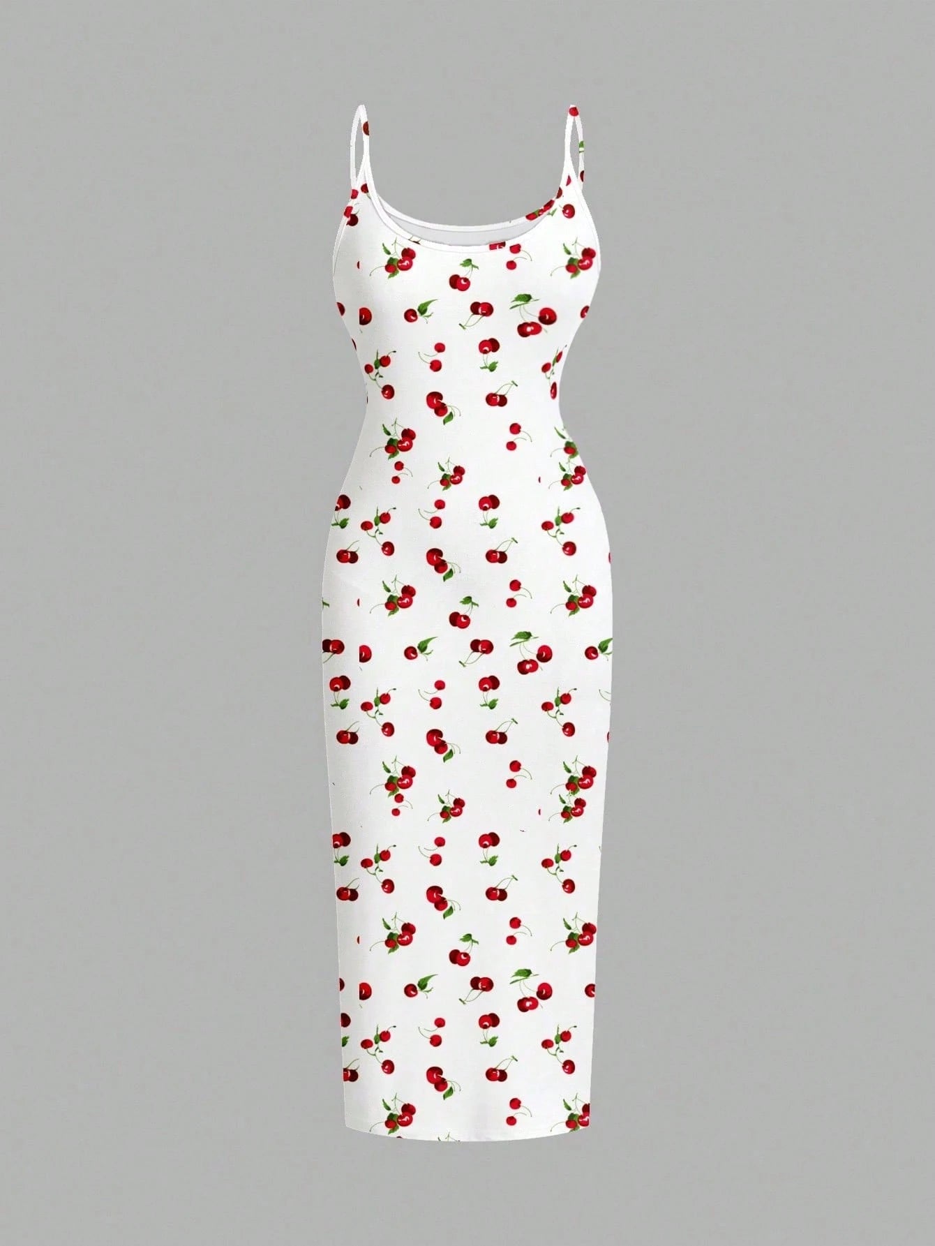 EZwear Cherry Print Casual Minimalist Full Length Bodycon Slip Dress, Suitable For Summer Suitable For Going Out Chic Dress