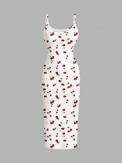 EZwear Cherry Print Casual Minimalist Full Length Bodycon Slip Dress, Suitable For Summer Suitable For Going Out Chic Dress