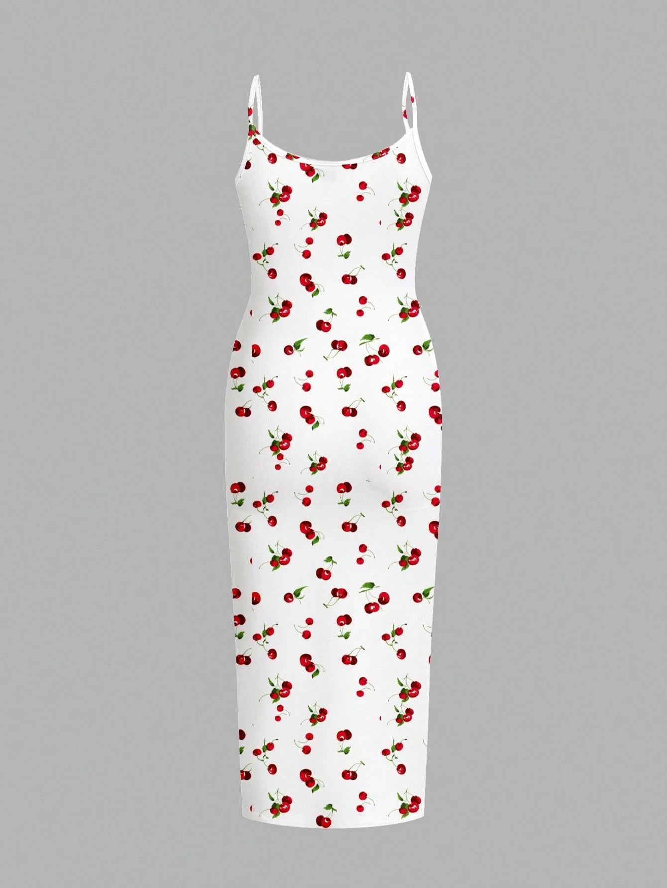 EZwear Cherry Print Casual Minimalist Full Length Bodycon Slip Dress, Suitable For Summer Suitable For Going Out Chic Dress