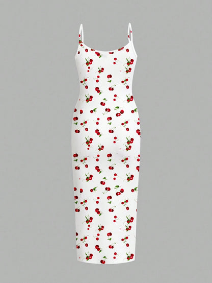 EZwear Cherry Print Casual Minimalist Full Length Bodycon Slip Dress, Suitable For Summer Suitable For Going Out Chic Dress