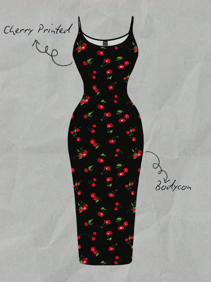 EZwear Cherry Print Casual Minimalist Full Length Bodycon Slip Dress, Suitable For Summer Suitable For Going Out Chic Dress