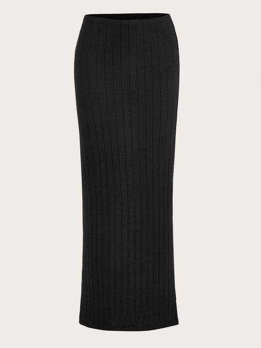 EZwear High Waist Ribbed Knit Skirt,Ladies Elegant Rib-Knit Long Skinny High Waist Black Plain Women Skirts,Spring/Fall,Professional/Business Attire/Workwear