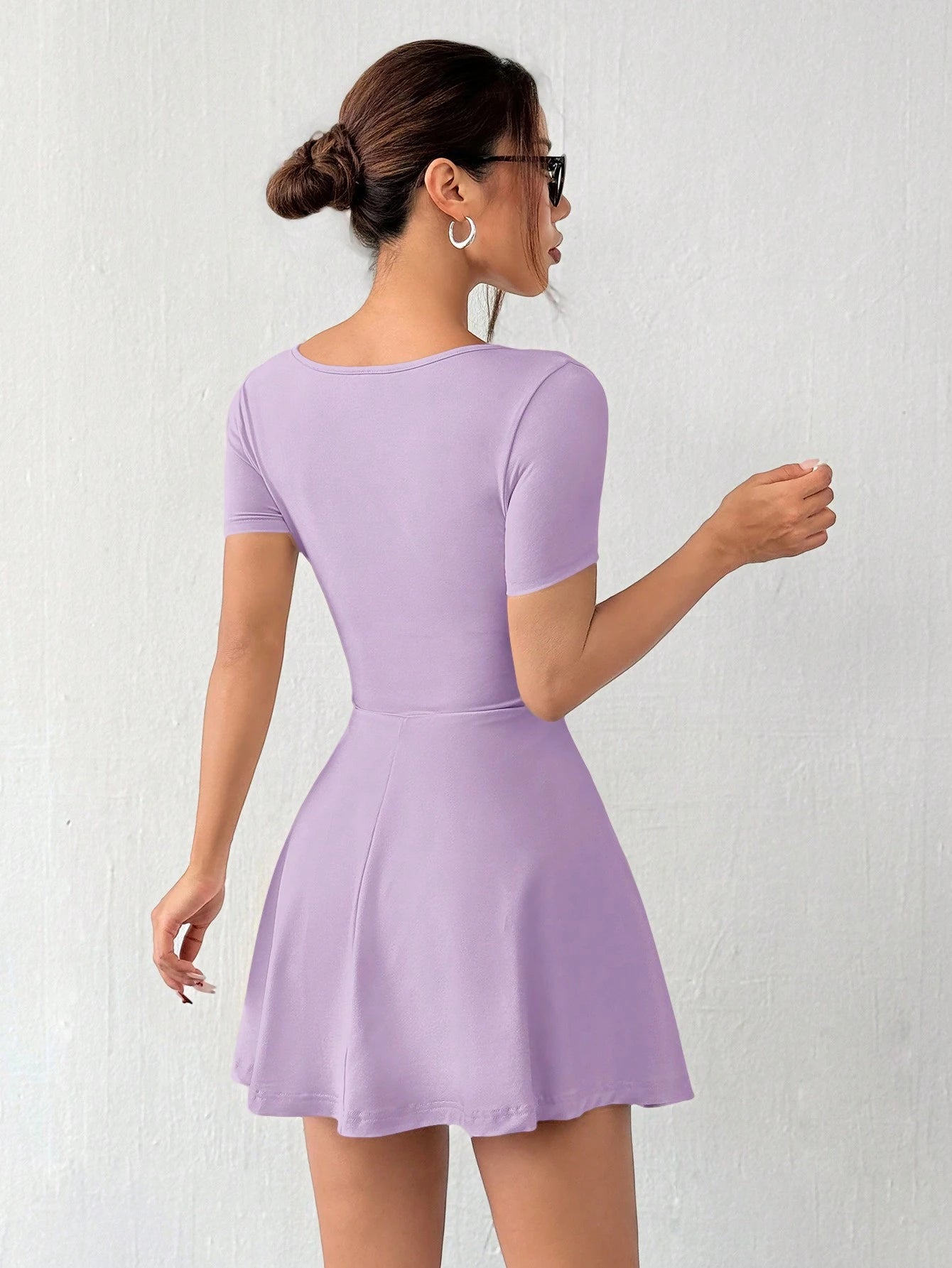 EZwear Lilac Square Neck Short Sleeve Cropped Knitted Dress For Women,Pastel Dresses For Women