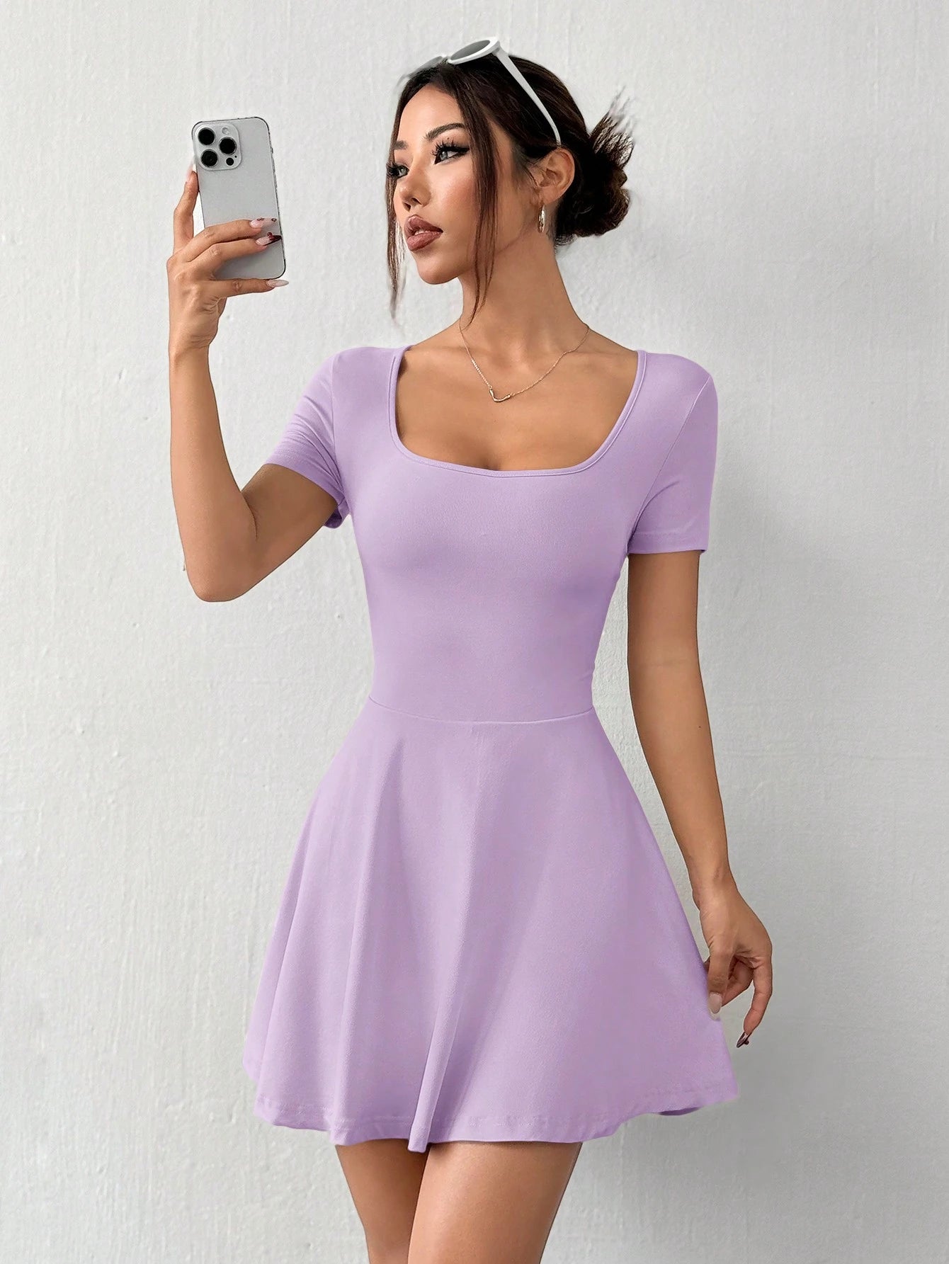 EZwear Lilac Square Neck Short Sleeve Cropped Knitted Dress For Women,Pastel Dresses For Women