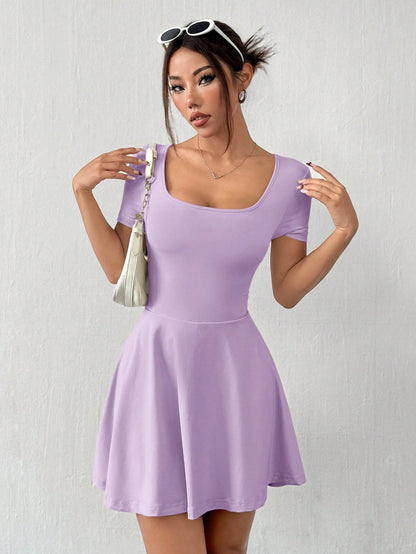 EZwear Lilac Square Neck Short Sleeve Cropped Knitted Dress For Women,Pastel Dresses For Women