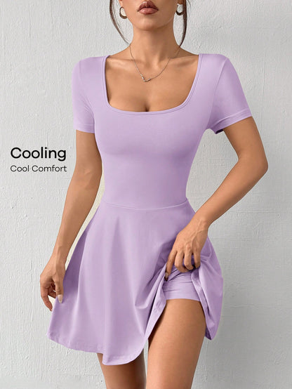 EZwear Lilac Square Neck Short Sleeve Cropped Knitted Dress For Women,Pastel Dresses For Women