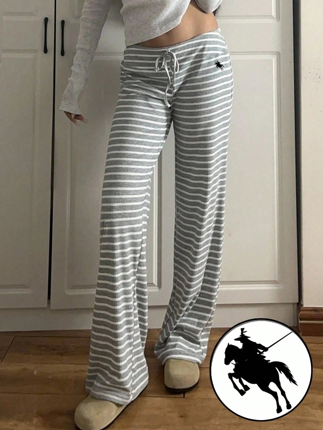 EZwear Low Waist Striped Brushed Drawstring Waist Small Horse Print Yoga & Lounge Wide Leg Pants, Autumn/Winter
