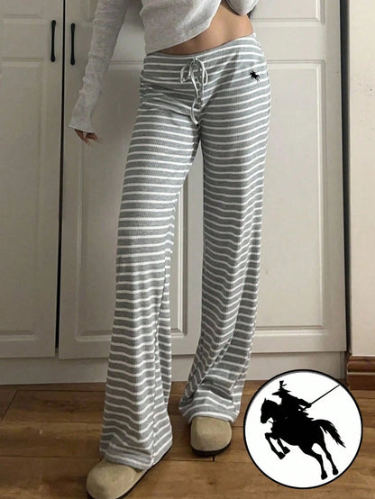 EZwear Low Waist Striped Brushed Drawstring Waist Small Horse Print Yoga & Lounge Wide Leg Pants, Autumn/Winter