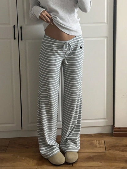 EZwear Low Waist Striped Brushed Drawstring Waist Small Horse Print Yoga & Lounge Wide Leg Pants, Autumn/Winter