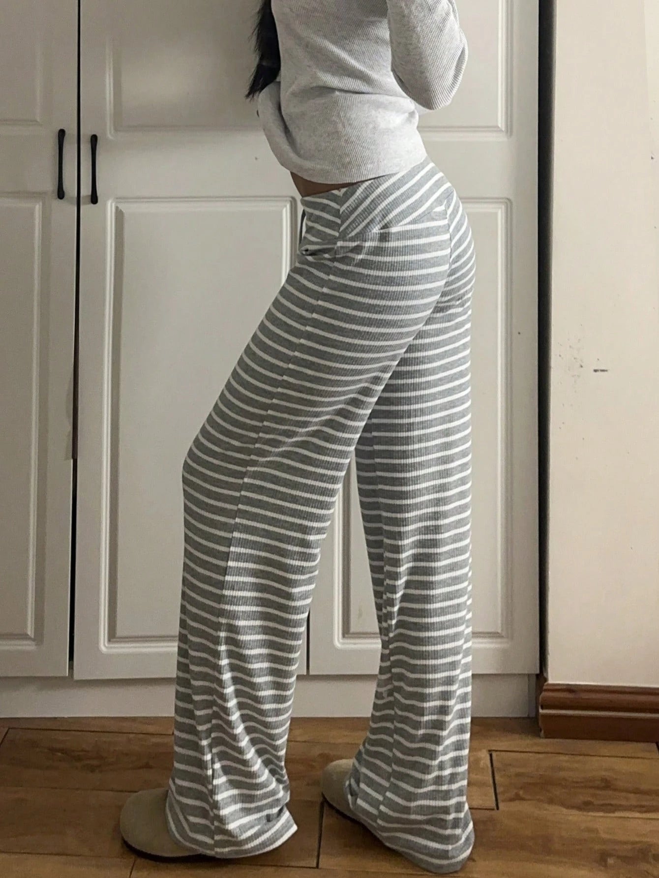 EZwear Low Waist Striped Brushed Drawstring Waist Small Horse Print Yoga & Lounge Wide Leg Pants, Autumn/Winter