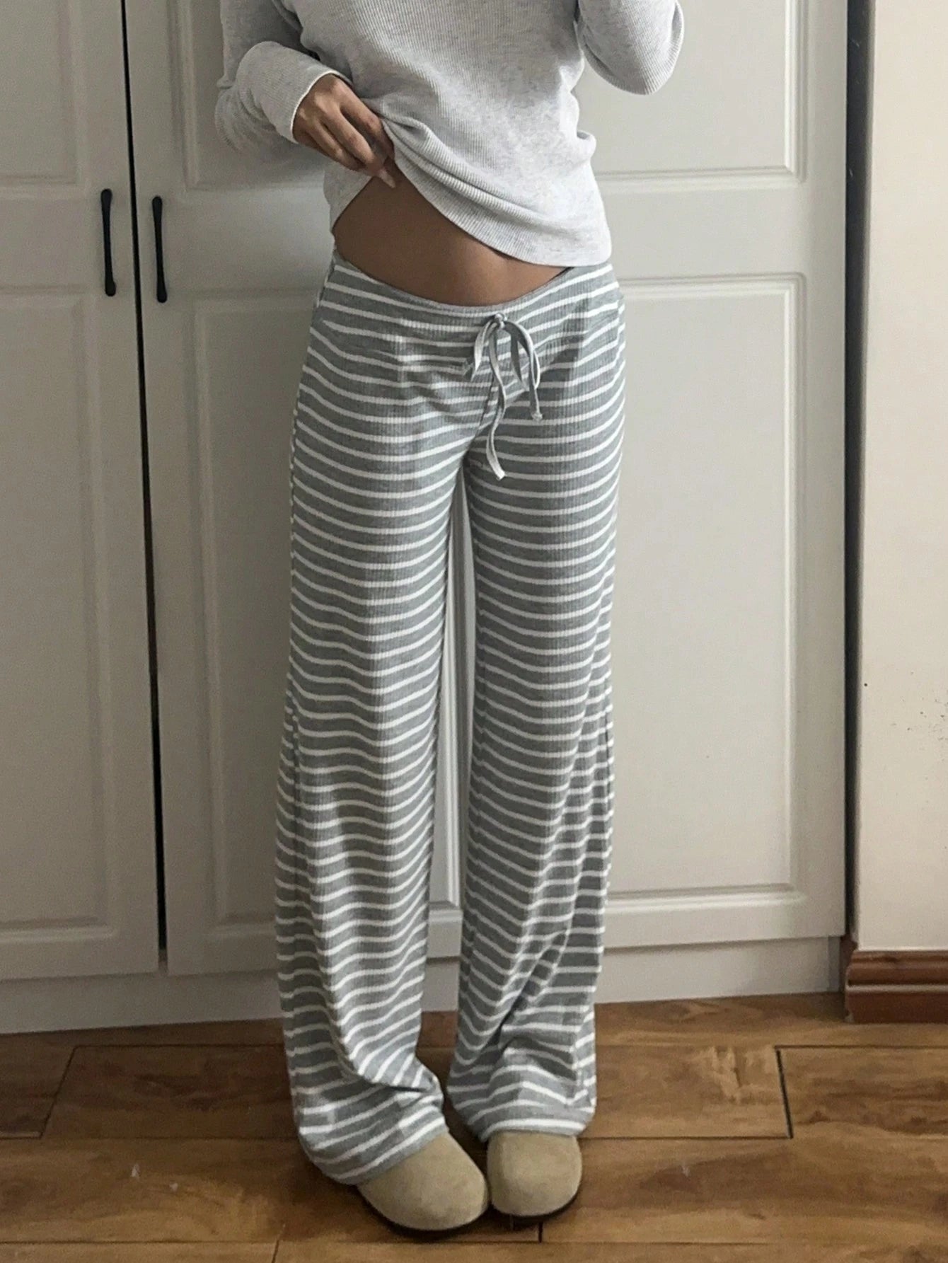EZwear Low Waist Striped Brushed Drawstring Waist Small Horse Print Yoga & Lounge Wide Leg Pants, Autumn/Winter