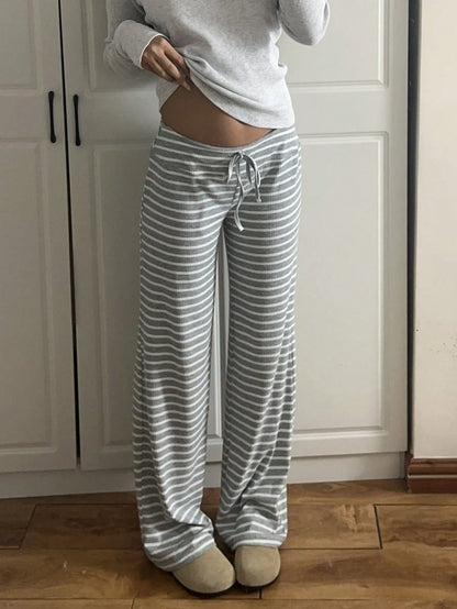 EZwear Low Waist Striped Brushed Drawstring Waist Small Horse Print Yoga & Lounge Wide Leg Pants, Autumn/Winter