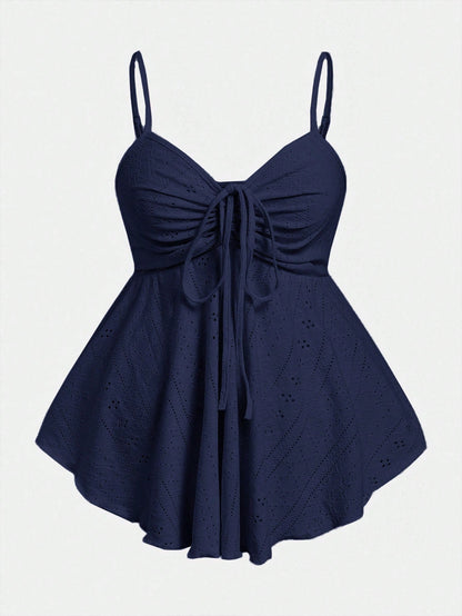 EZwear Navy Blue Knit Plus Size Women Front Tie Camisole, Summer Tops