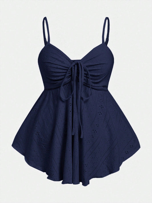 EZwear Navy Blue Knit Plus Size Women Front Tie Camisole, Summer Tops