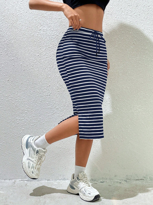 EZwear Navy Blue Striped Knitted Women's Skirt