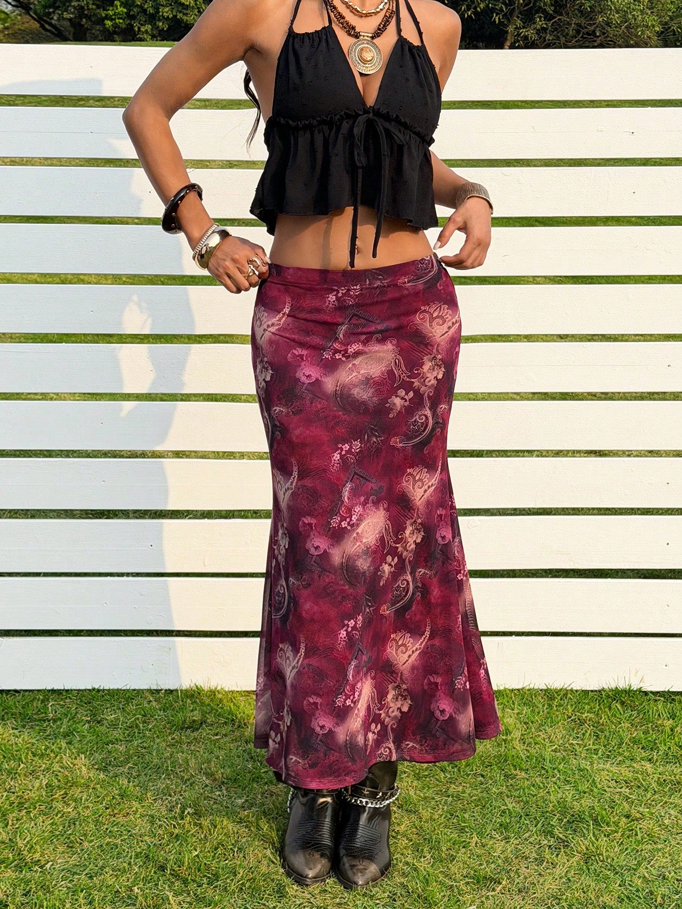EZwear New Summer Music Festival Printed Mesh Fashionable Bodycon Skirt For Women, Suitable For Everyday Wear