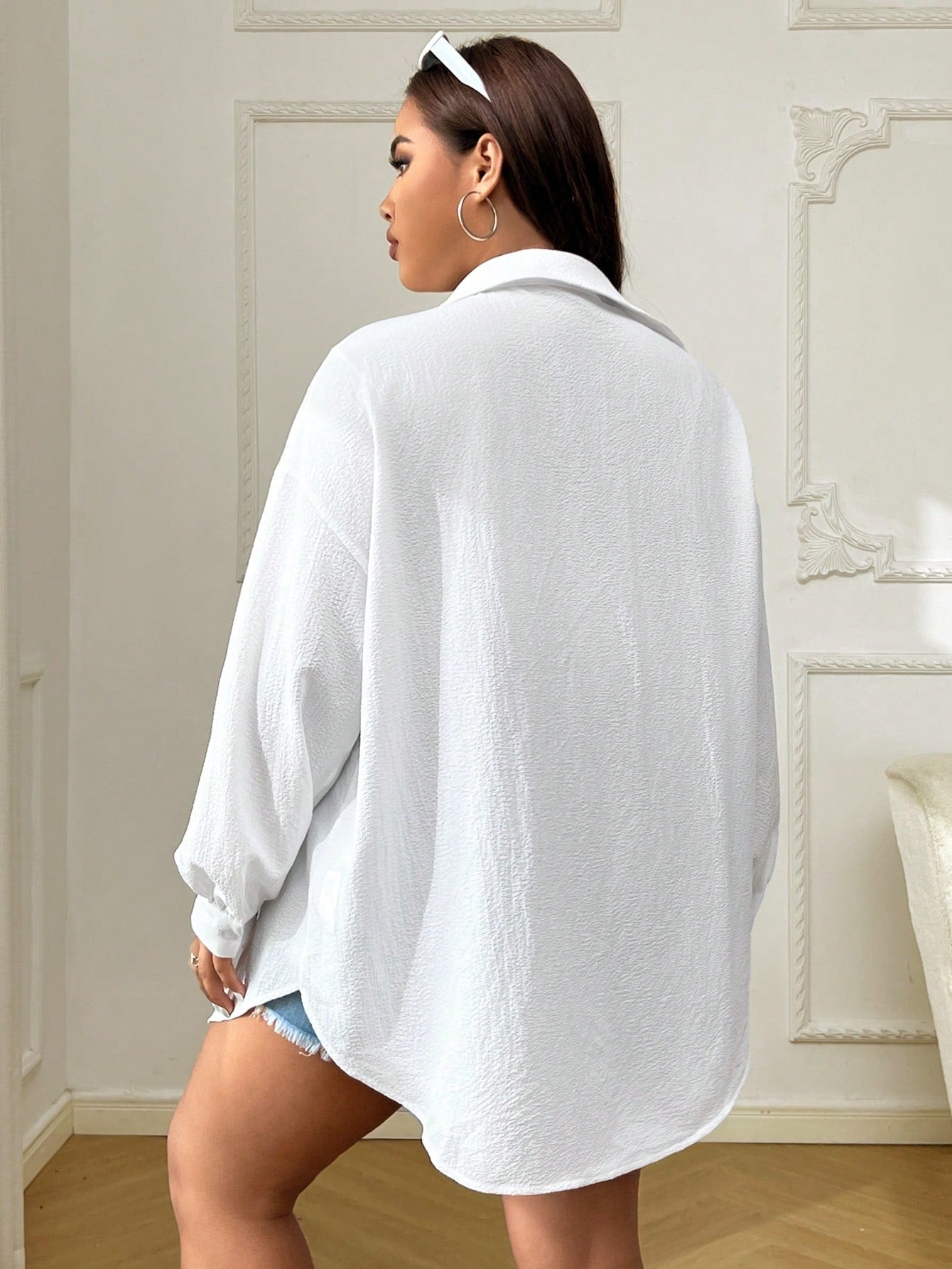 EZwear Plus Size Casual Business Casual Drop Shoulder Loose Blouse, Spring Autumn,Summer,Fall,Vacation,Beach Vacation Office White