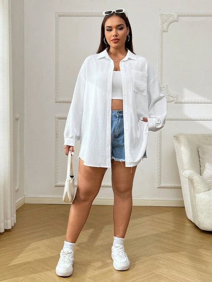 EZwear Plus Size Casual Business Casual Drop Shoulder Loose Blouse, Spring Autumn,Summer,Fall,Vacation,Beach Vacation Office White