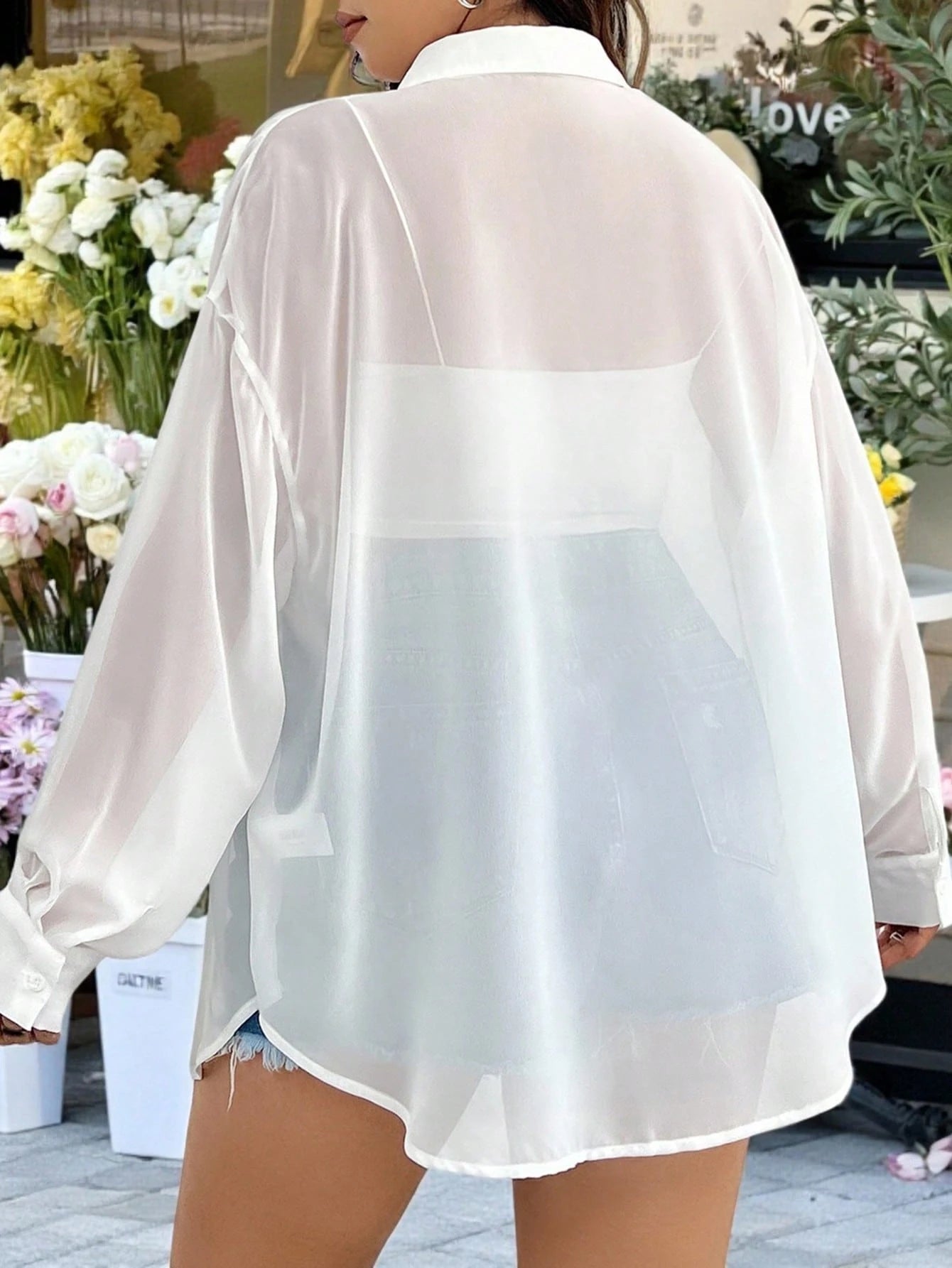 EZwear Plus Size Women's Casual Loose Chiffon Sheer Long Sleeve Open Front Shirt, Versatile For Summer, Fall, School, Date, Tea Party, Beach, Hawaii