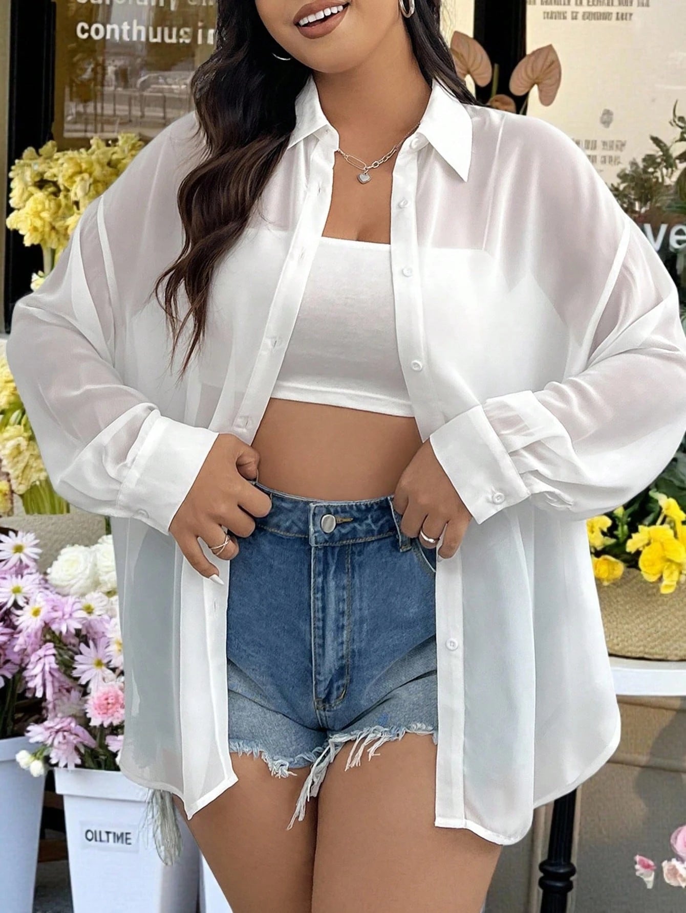 EZwear Plus Size Women's Casual Loose Chiffon Sheer Long Sleeve Open Front Shirt, Versatile For Summer, Fall, School, Date, Tea Party, Beach, Hawaii