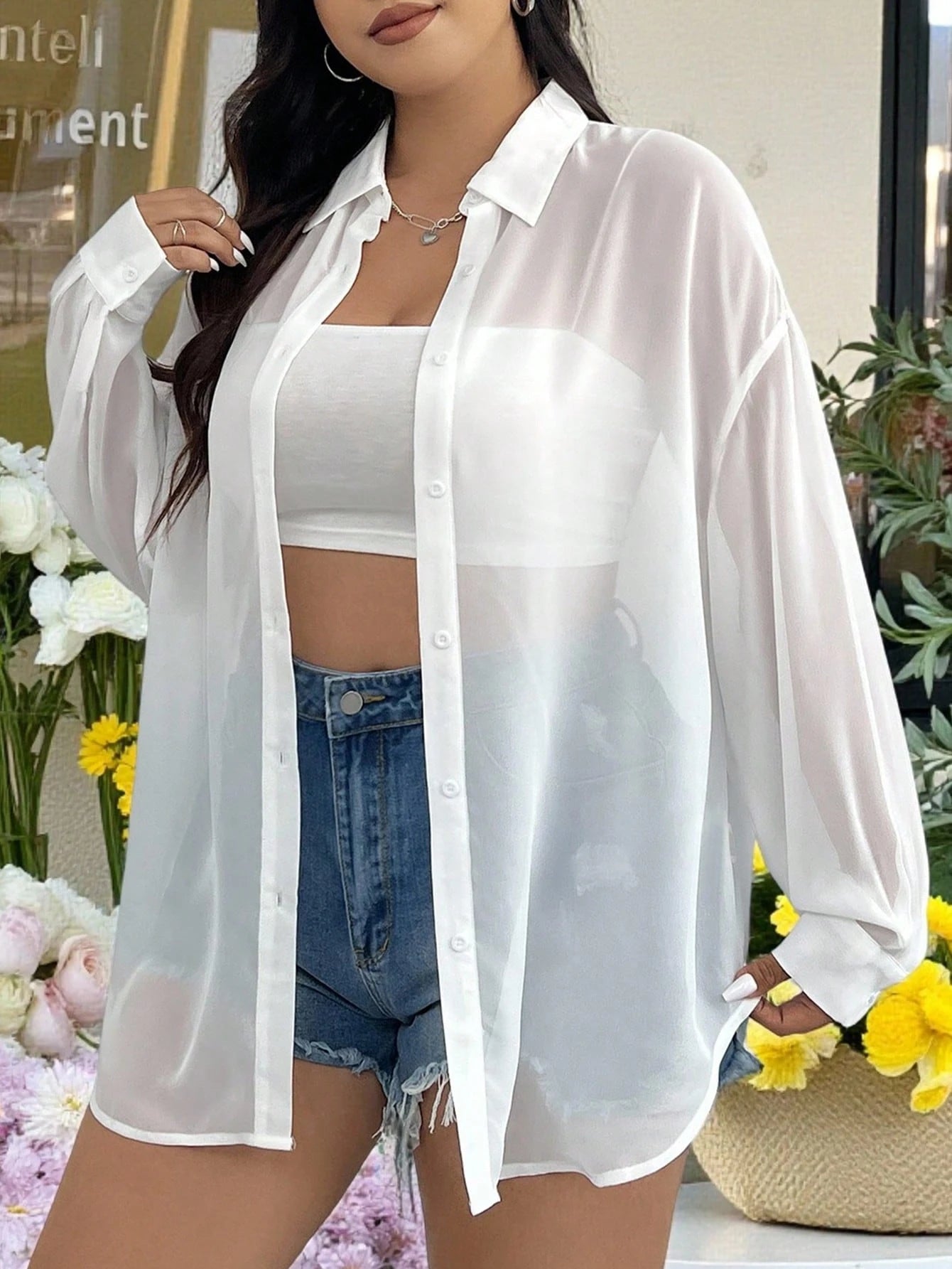 EZwear Plus Size Women's Casual Loose Chiffon Sheer Long Sleeve Open Front Shirt, Versatile For Summer, Fall, School, Date, Tea Party, Beach, Hawaii