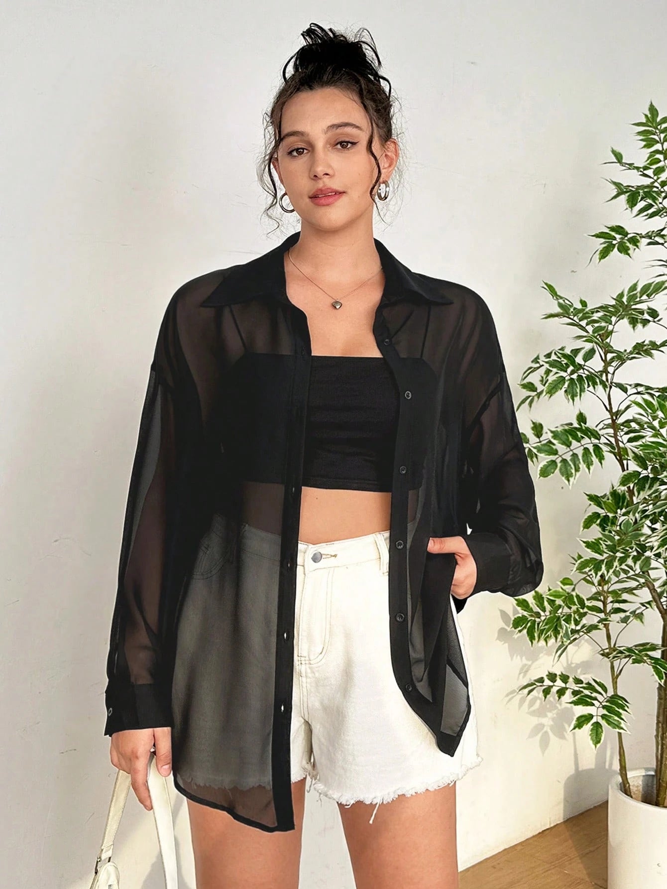 EZwear Plus Size Women's Casual Loose Chiffon Sheer Long Sleeve Open Front Shirt, Versatile For Summer, Fall, School, Date, Tea Party, Beach, Hawaii