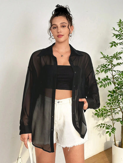 EZwear Plus Size Women's Casual Loose Chiffon Sheer Long Sleeve Open Front Shirt, Versatile For Summer, Fall, School, Date, Tea Party, Beach, Hawaii