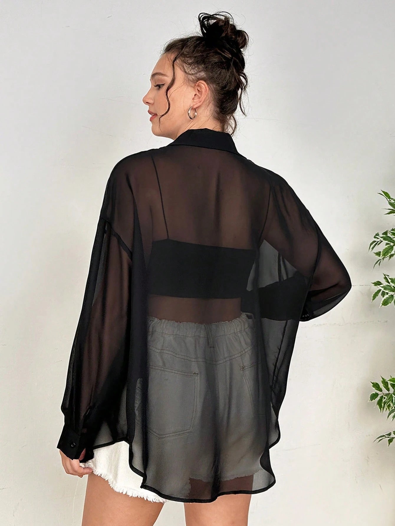 EZwear Plus Size Women's Casual Loose Chiffon Sheer Long Sleeve Open Front Shirt, Versatile For Summer, Fall, School, Date, Tea Party, Beach, Hawaii